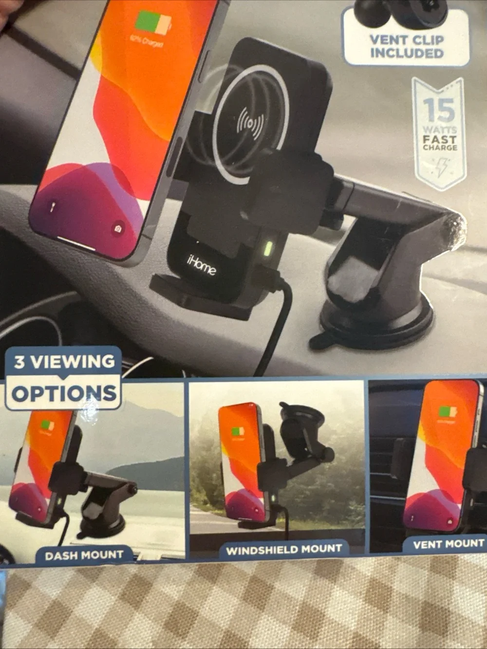 iHome Universal Wireless Charging Car Mount - Black